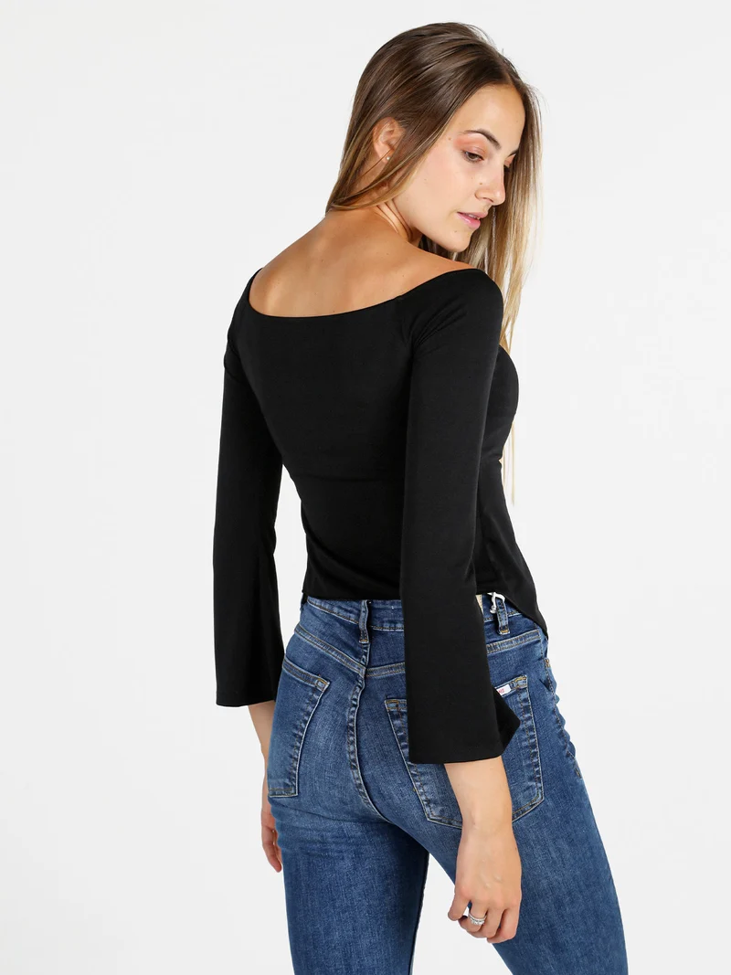 Top donna con maniche lunghe a campana e laccetti - nero