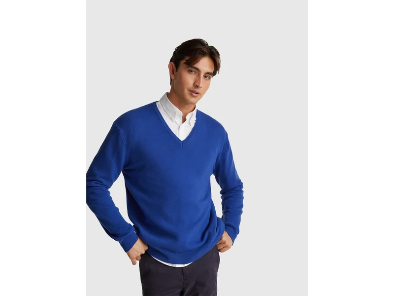 Blauer Pullover mit V-Ausschnitt aus reiner Merinowolle