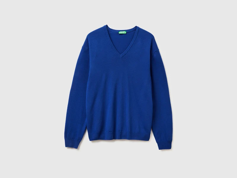 Blauer Pullover mit V-Ausschnitt aus reiner Merinowolle