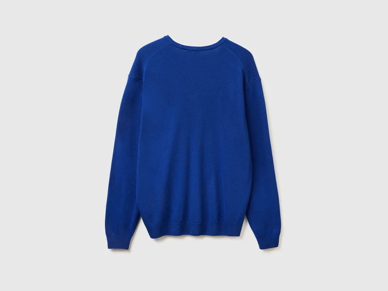Blauer Pullover mit V-Ausschnitt aus reiner Merinowolle