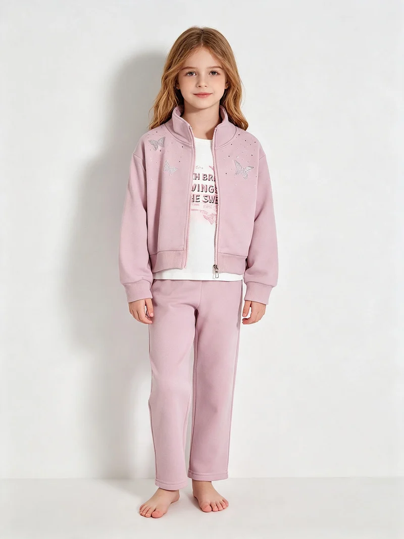 Completo tuta da bambina 3 pezzi con strass - rosa