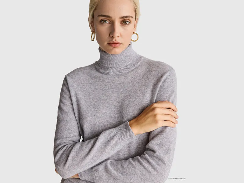 Grau melierter Rollkragenpullover aus reiner Merinowolle
