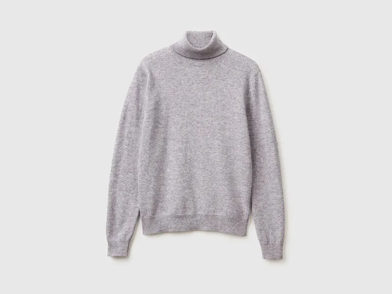 Grau melierter Rollkragenpullover aus reiner Merinowolle