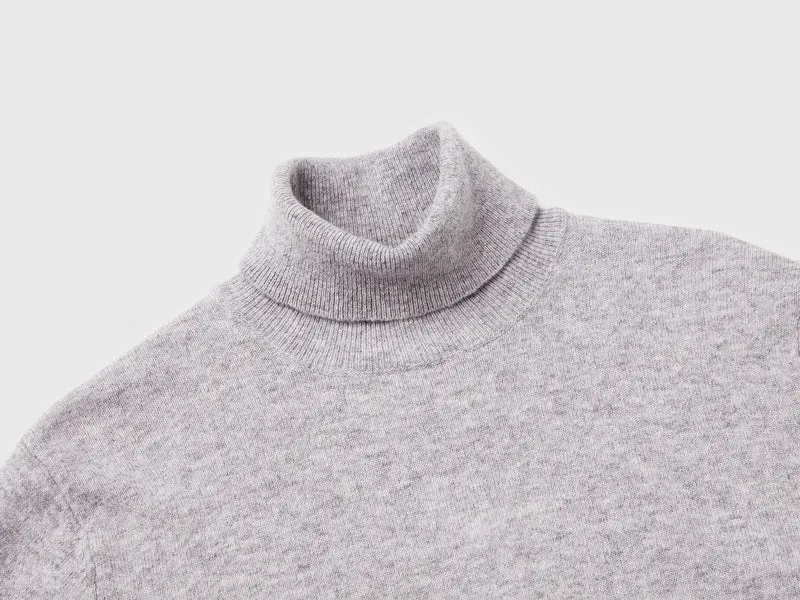 Grau melierter Rollkragenpullover aus reiner Merinowolle