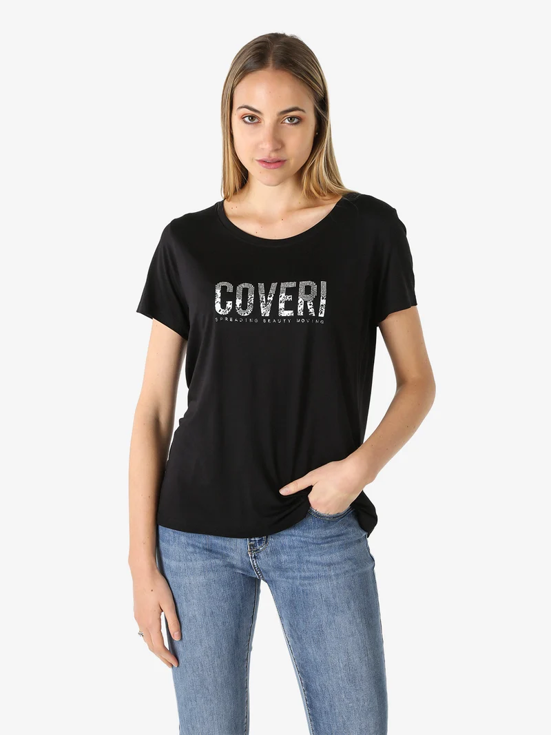 T-shirt donna in viscosa con strass - nero