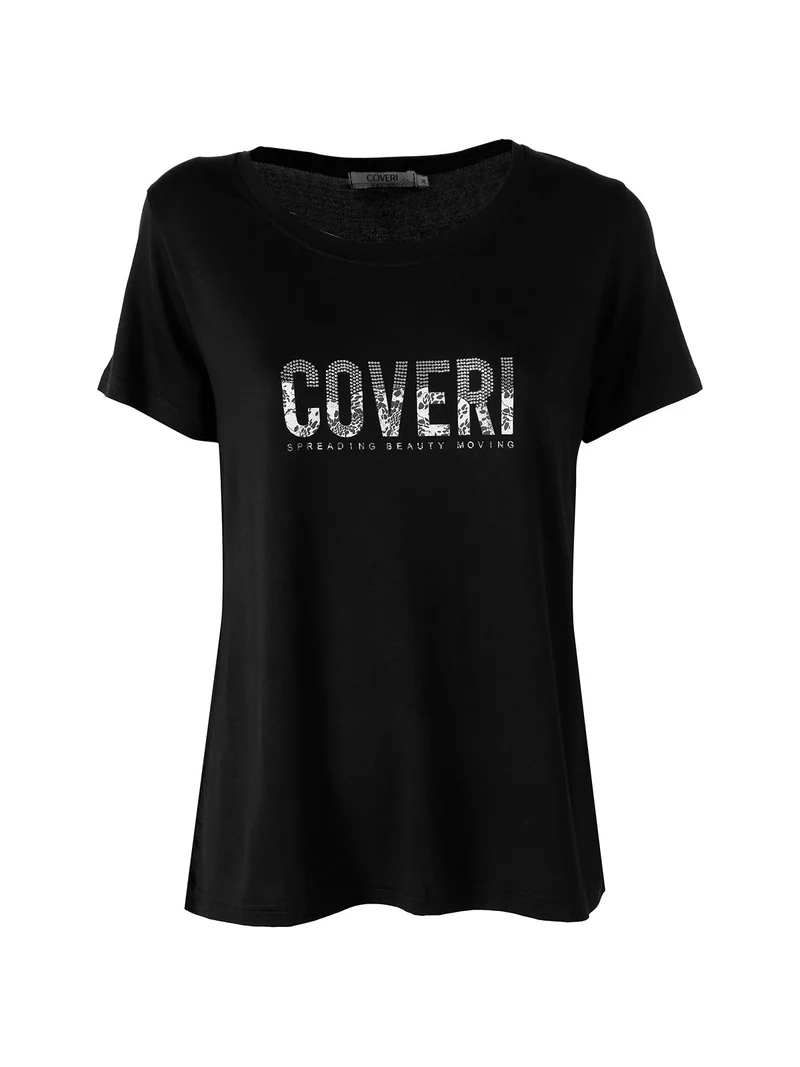 T-shirt donna in viscosa con strass - nero