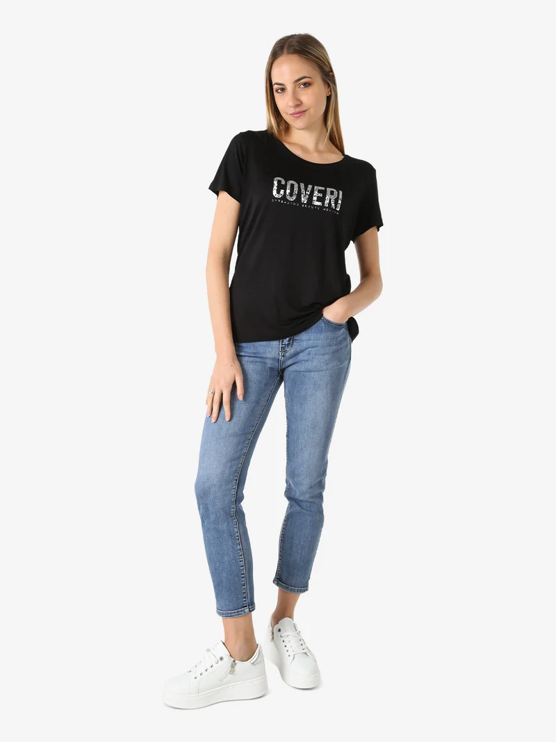 T-shirt donna in viscosa con strass - nero