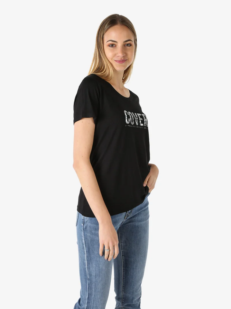 T-shirt donna in viscosa con strass - nero