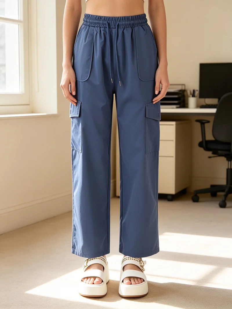 Pantaloni donna a gamba larga con tasconi laterali e coulisse - blu