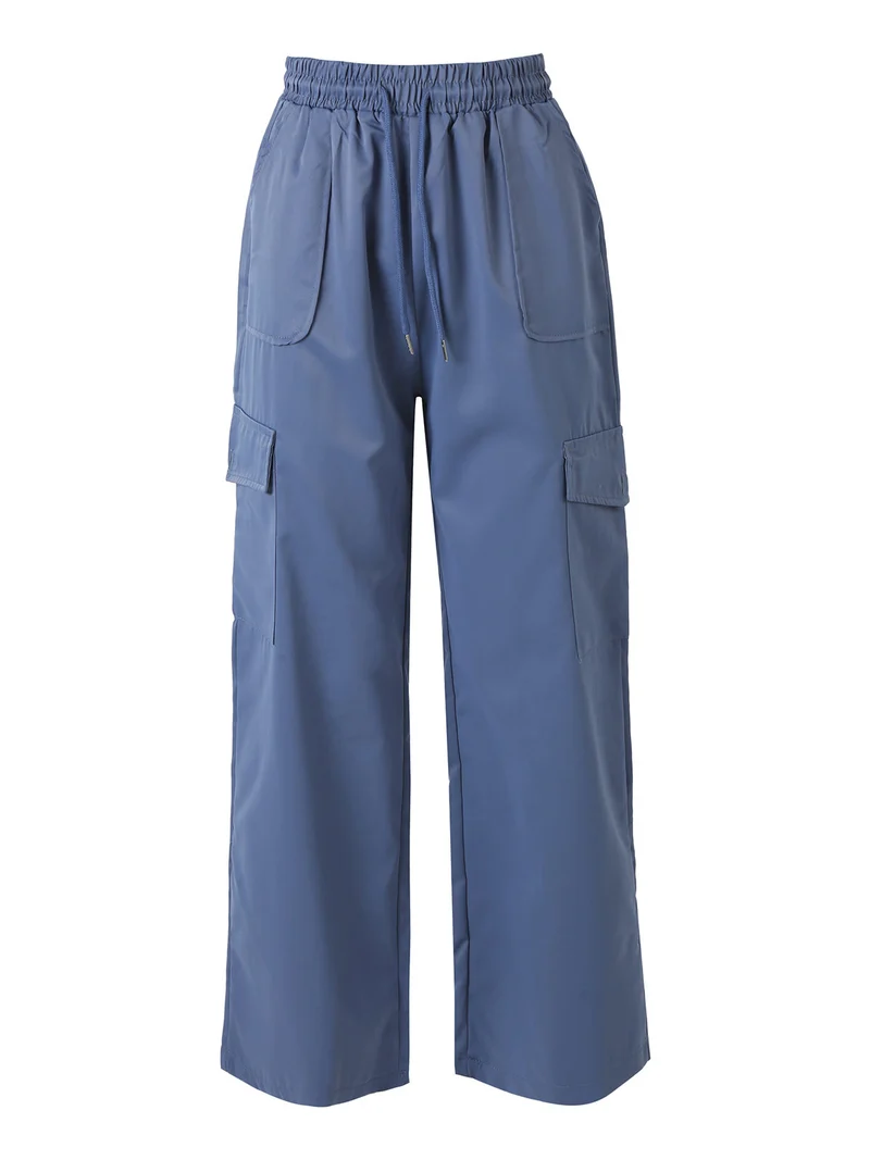 Pantaloni donna a gamba larga con tasconi laterali e coulisse - blu