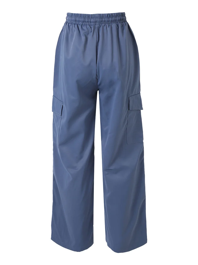 Pantaloni donna a gamba larga con tasconi laterali e coulisse - blu