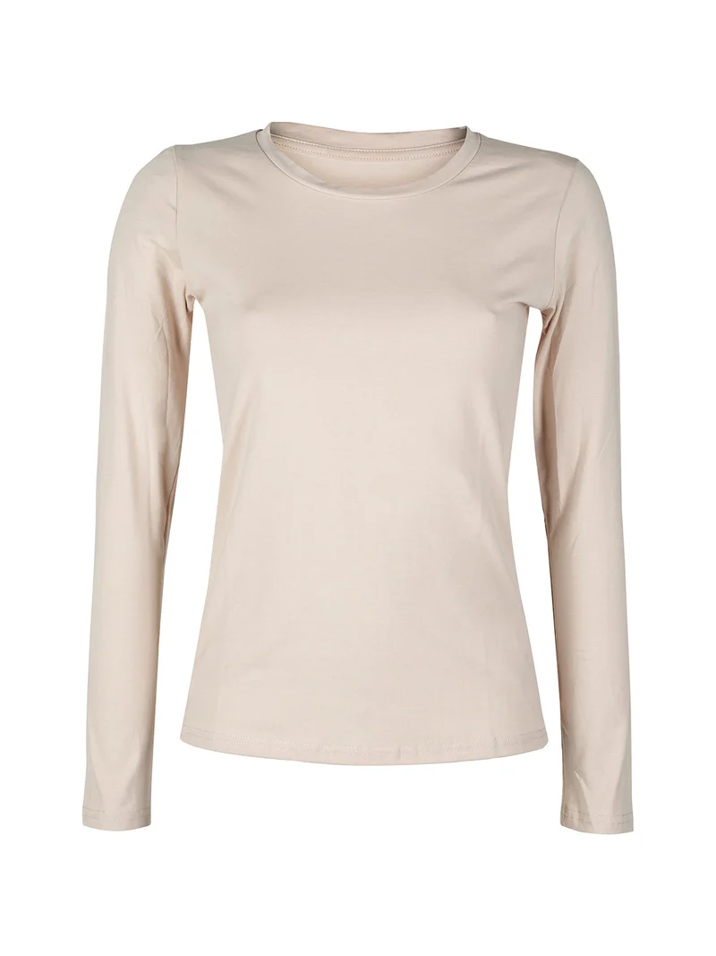 T-shirt girocollo da donna a maniche lunghe - beige