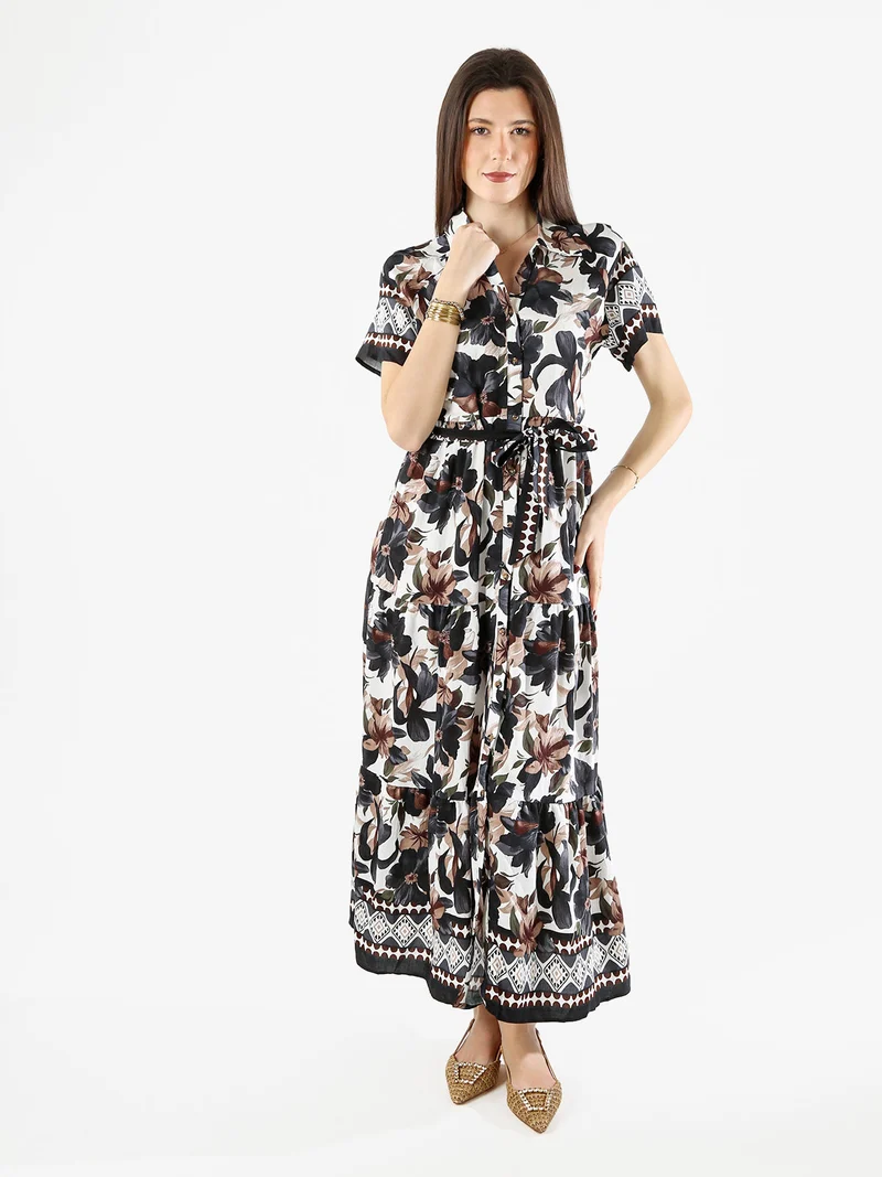 Abito lungo da donna a camicia con maniche corte - nero