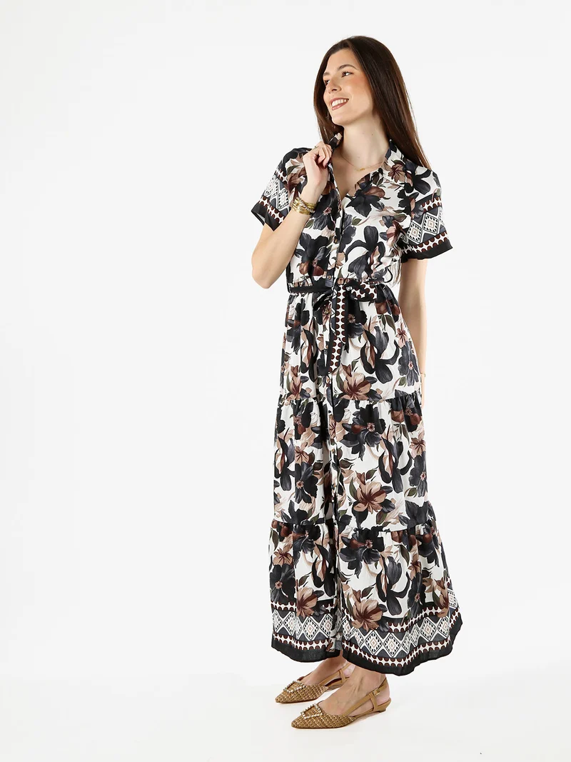 Abito lungo da donna a camicia con maniche corte - nero