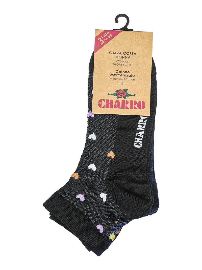 Confezione da 3 paia di calze corte donna con stampa a cuori - nero