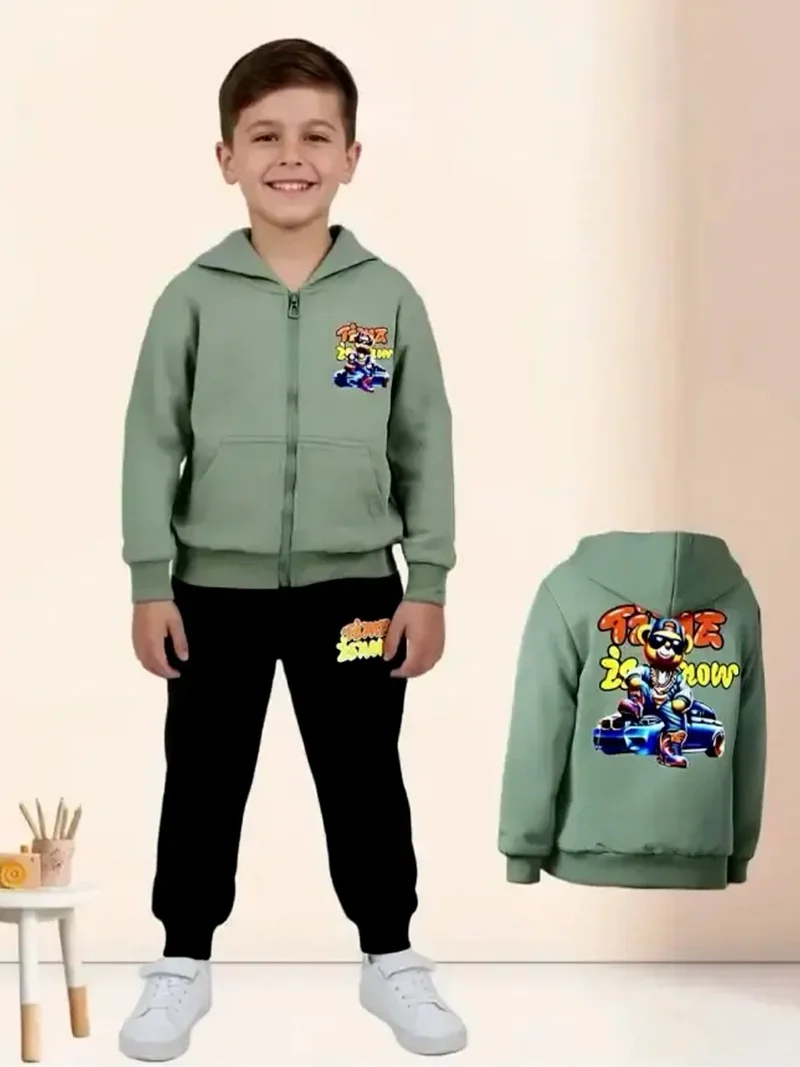 Completo tuta da bambino con cappuccio e zip e stampa davanti e dietro - verde