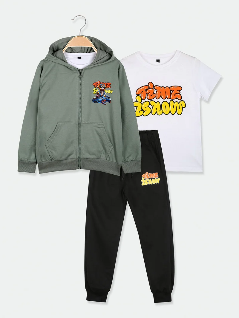 Completo tuta da bambino con cappuccio e zip e stampa davanti e dietro - verde