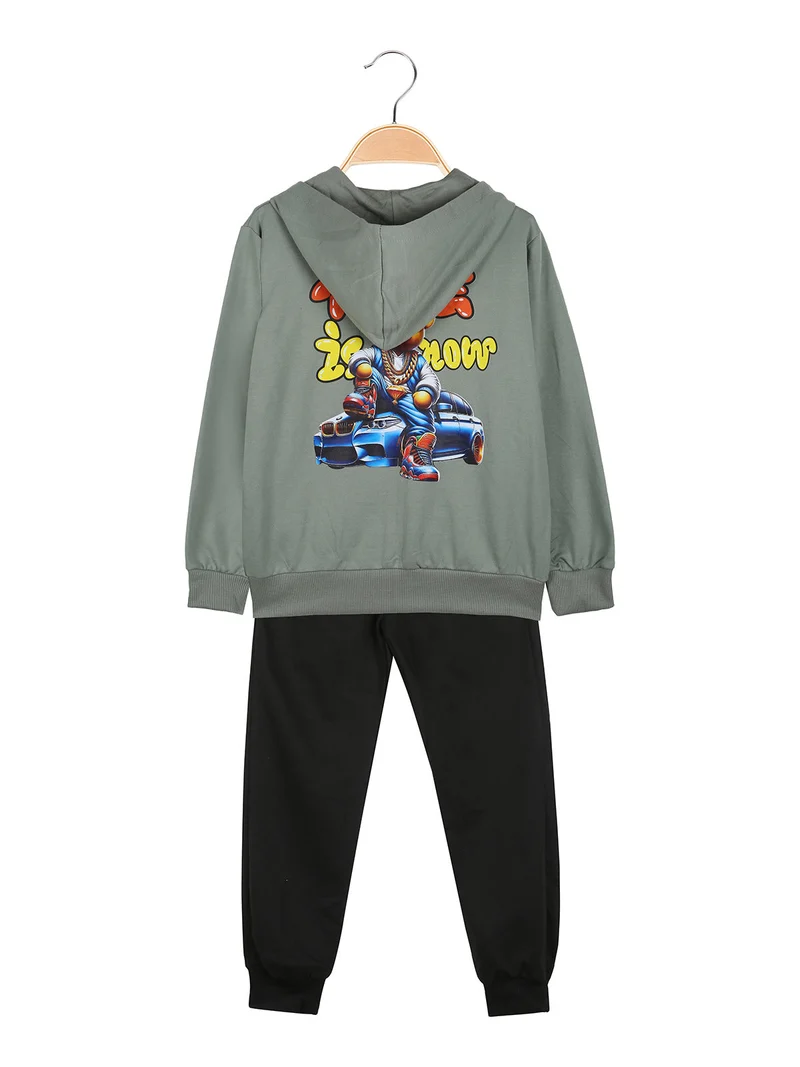 Completo tuta da bambino con cappuccio e zip e stampa davanti e dietro - verde