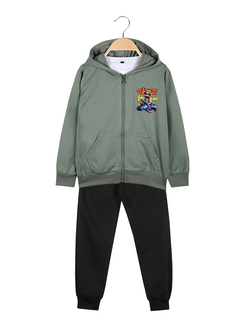 Completo tuta da bambino con cappuccio e zip e stampa davanti e dietro - verde