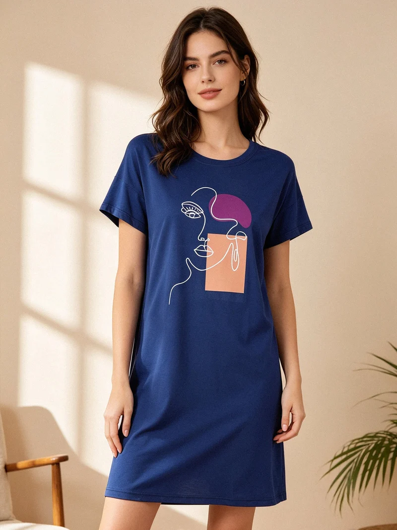 Vestito da donna in cotone a maniche corte - blu scuro