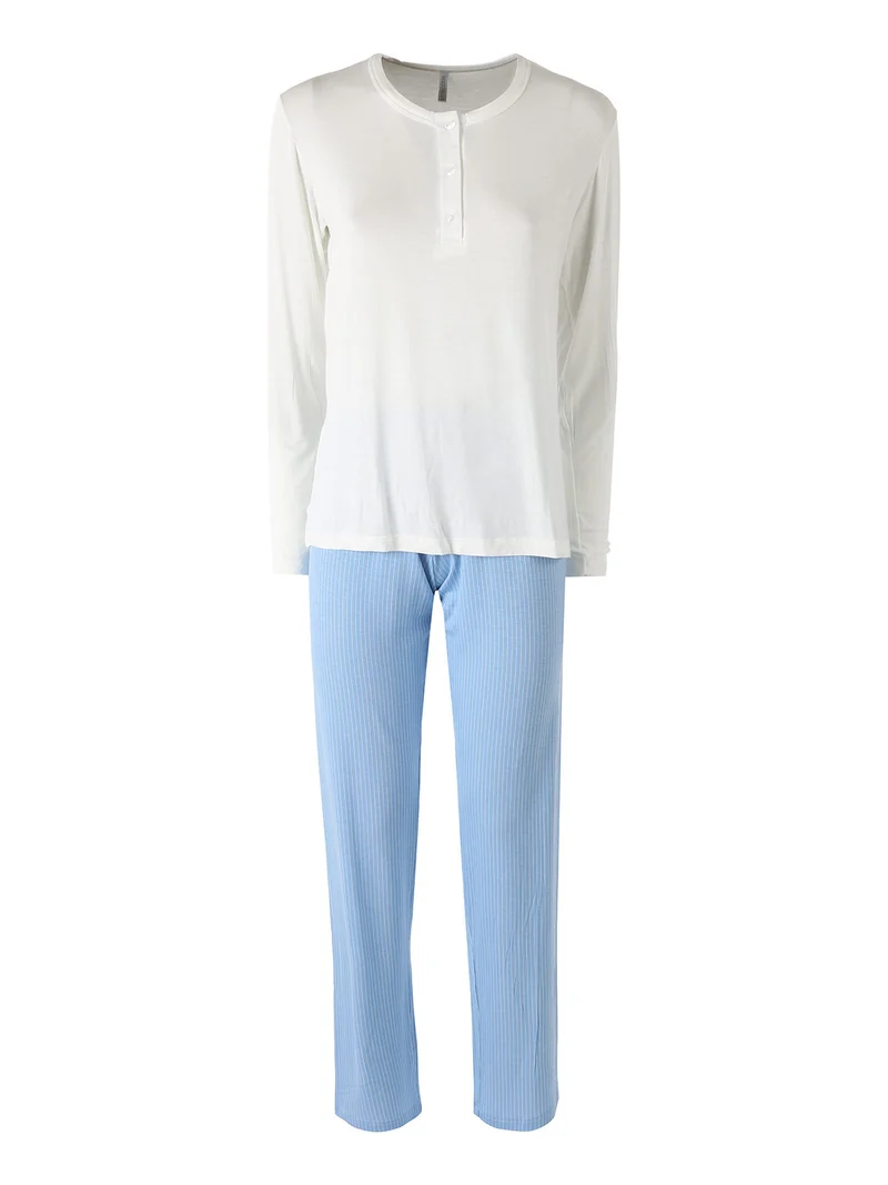 Pigiama lungo da donna in fibre di bambù con pantaloni a righe - bianco