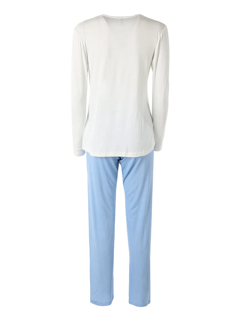 Pigiama lungo da donna in fibre di bambù con pantaloni a righe - bianco