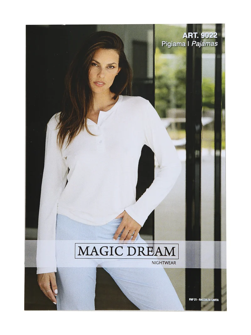 Pigiama lungo da donna in fibre di bambù con pantaloni a righe - bianco
