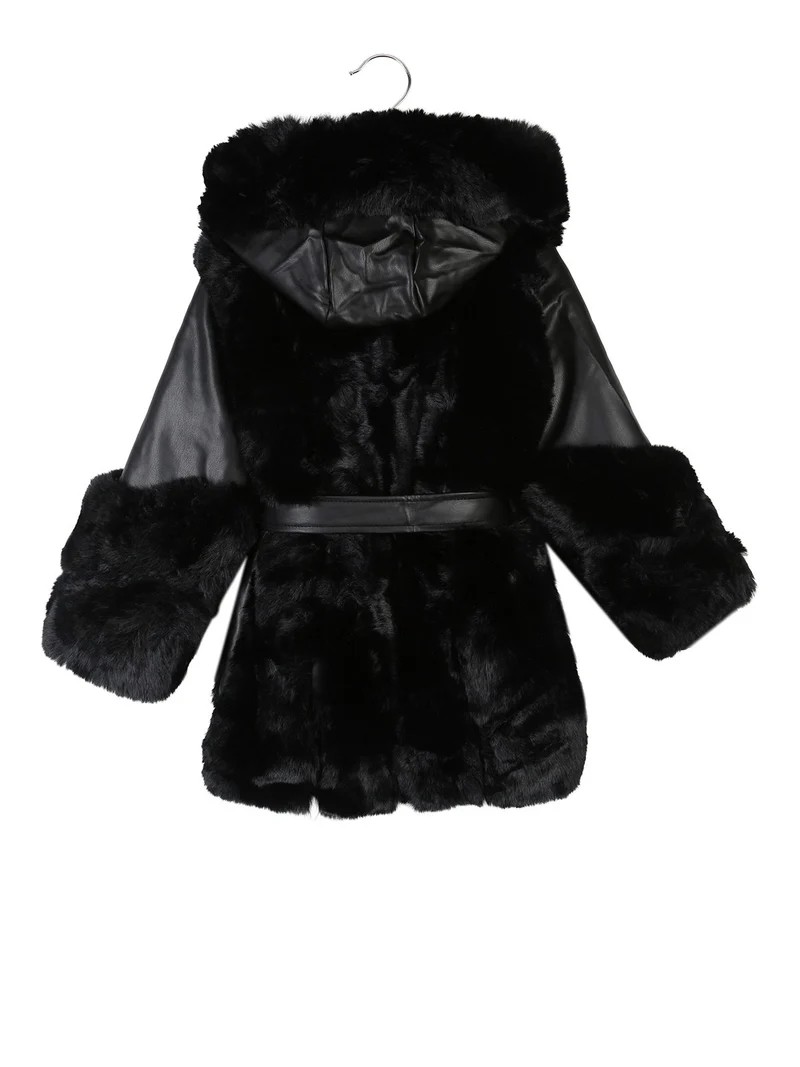 Cappotto da bambina in ecopelliccia con cappuccio e dettagli ecopelle - nero