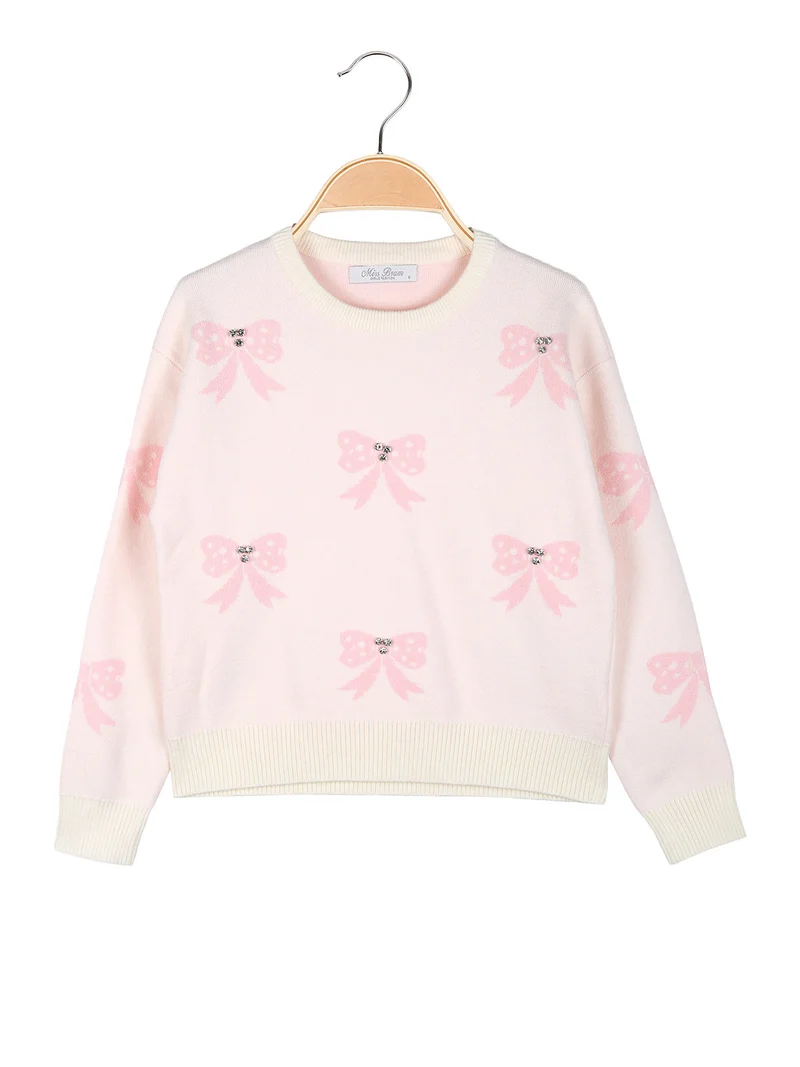 Maglione girocollo da bambina con strass - rosa