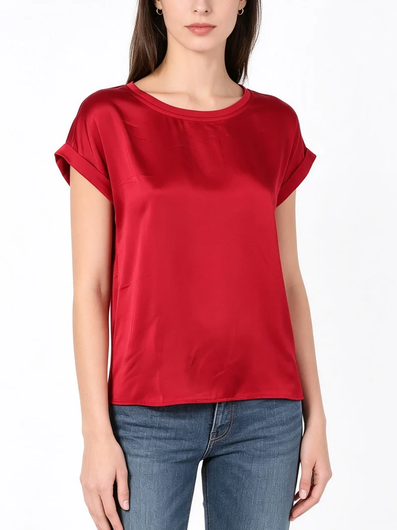 Blusa da donna a maniche corte con parte davanti effetto raso - bordeaux