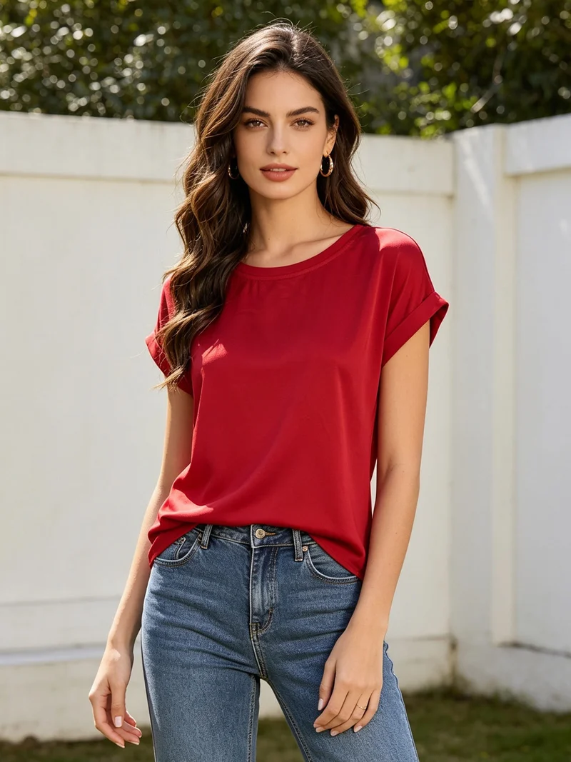 Blusa da donna a maniche corte con parte davanti effetto raso - bordeaux
