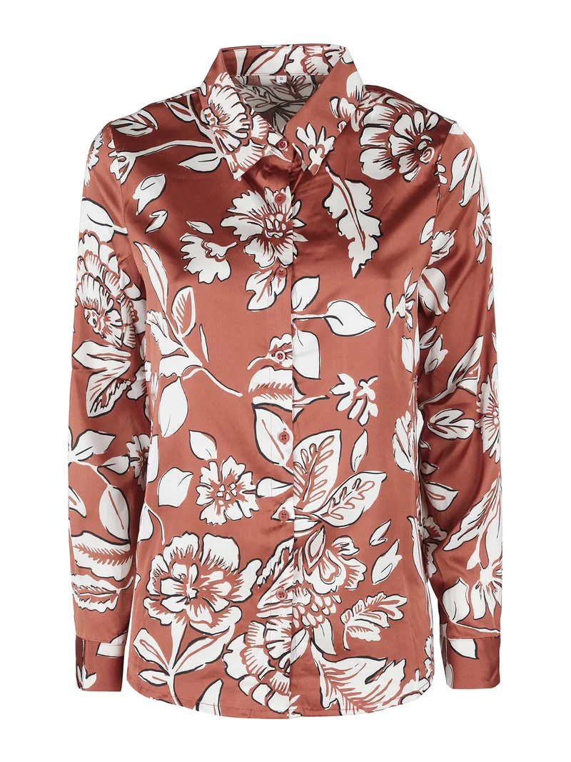 Camicia donna effetto raso con stampa fiorata - marrone