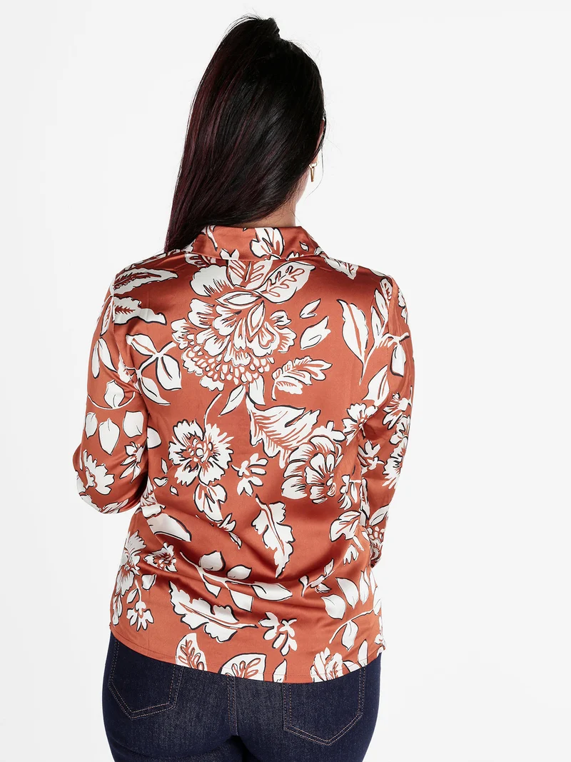 Camicia donna effetto raso con stampa fiorata - marrone
