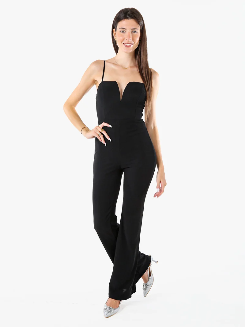 Tuta jumspuite da donna con scollo a cuore imbottito e finale a zampa - nero