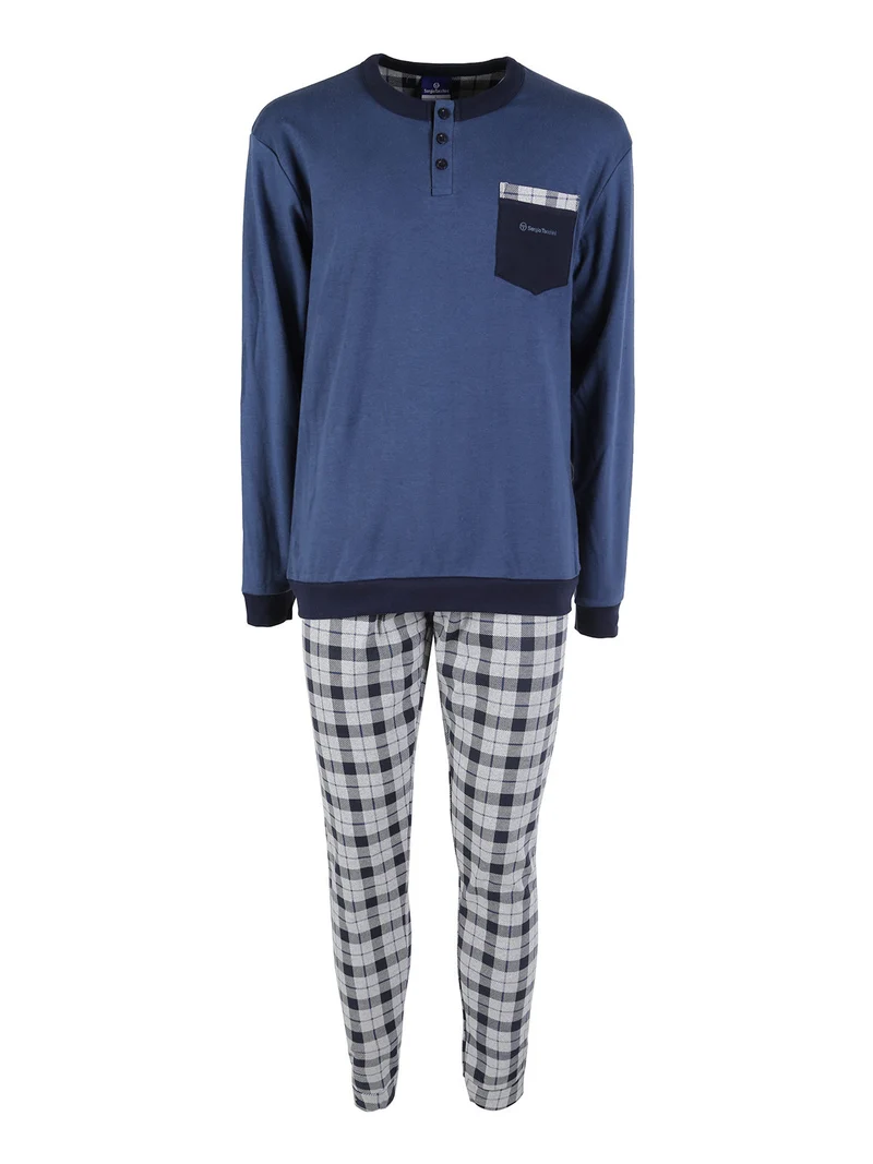 Pigiama da uomo con taschino e pantaloni a quadri - blu scuro