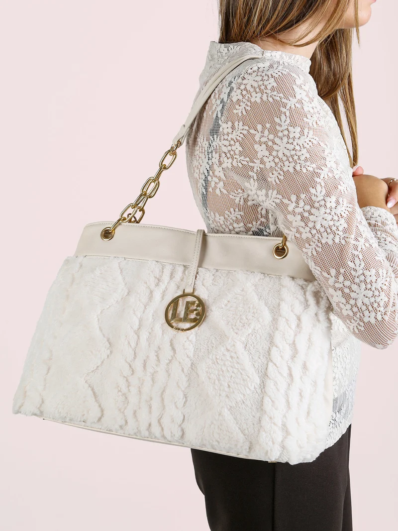 Borsa donna con ecopelo e doppi manici a catena - panna