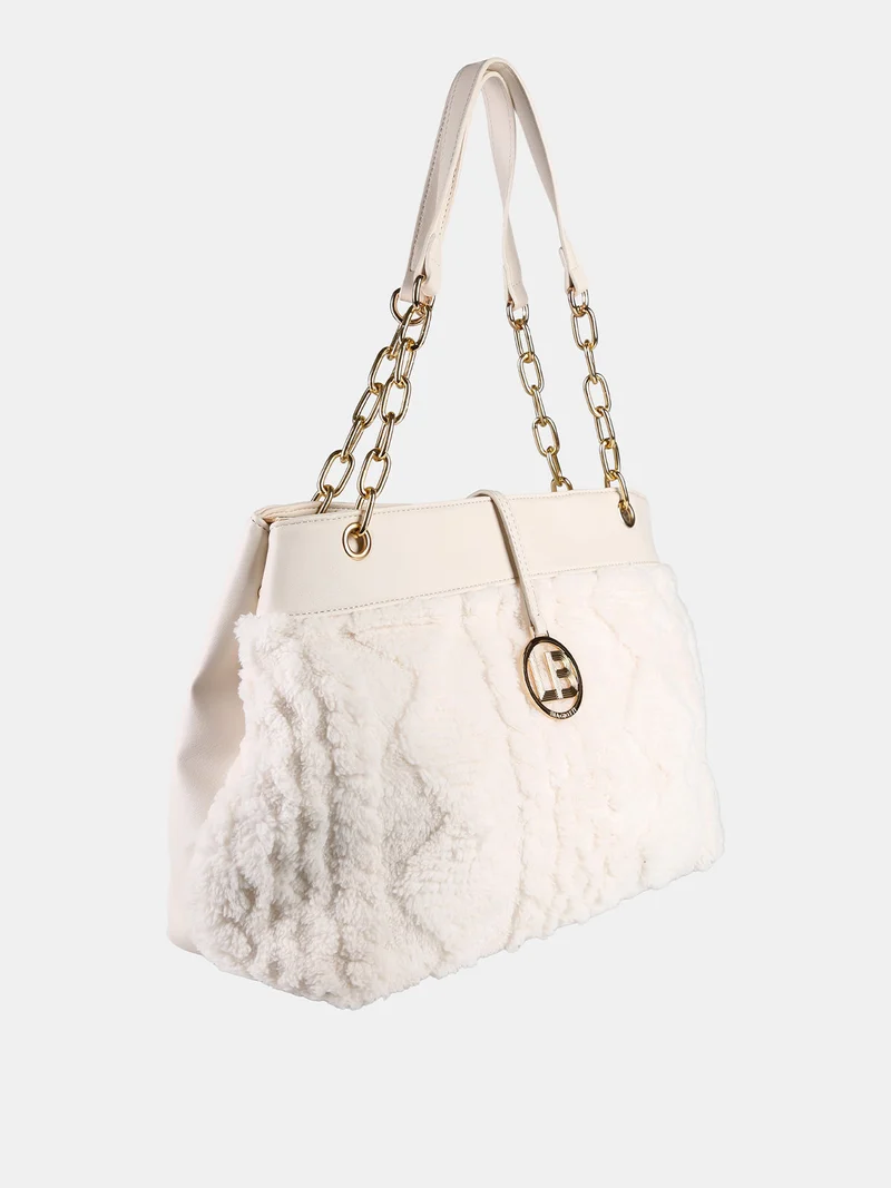 Borsa donna con ecopelo e doppi manici a catena - panna