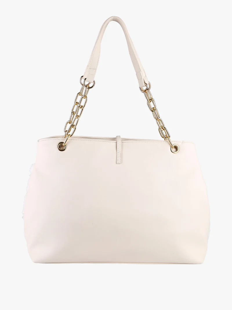 Borsa donna con ecopelo e doppi manici a catena - panna
