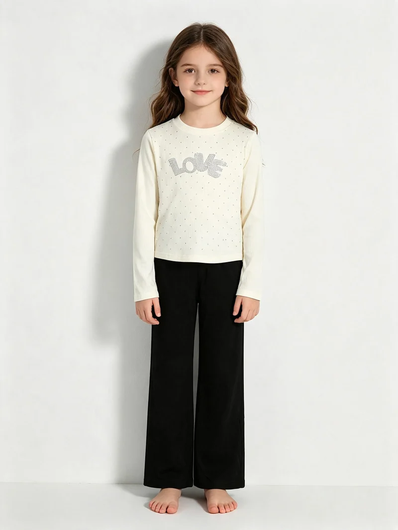 Completo 2 pezzi da bambina a coste con strass - panna