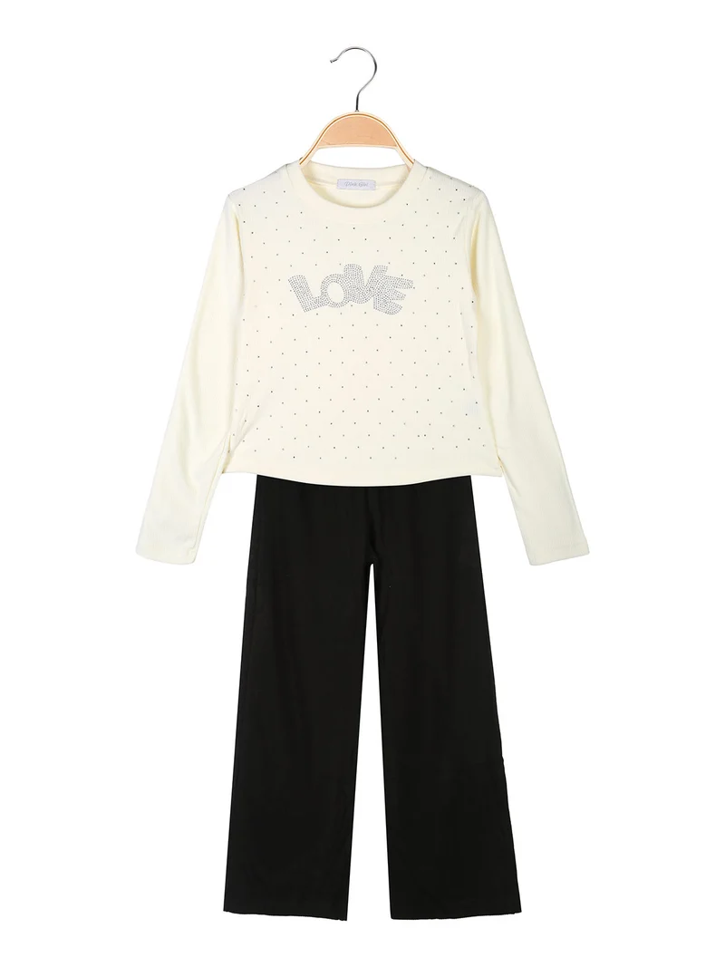 Completo 2 pezzi da bambina a coste con strass - panna