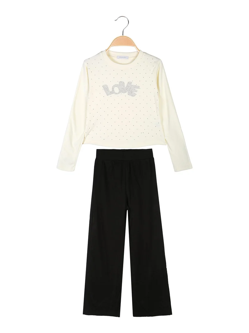 Completo 2 pezzi da bambina a coste con strass - panna
