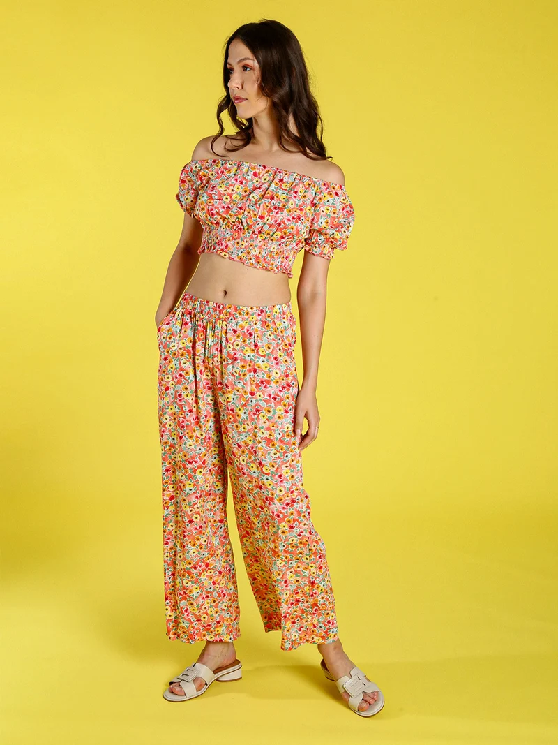 Pantaloni donna floreali a gamba larga in cotone - arancione