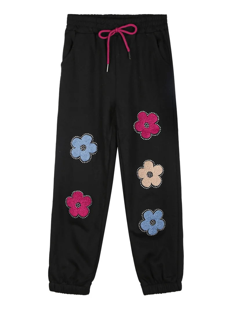 Pantaloni tuta da bambina con fiori di peluche e strass - nero