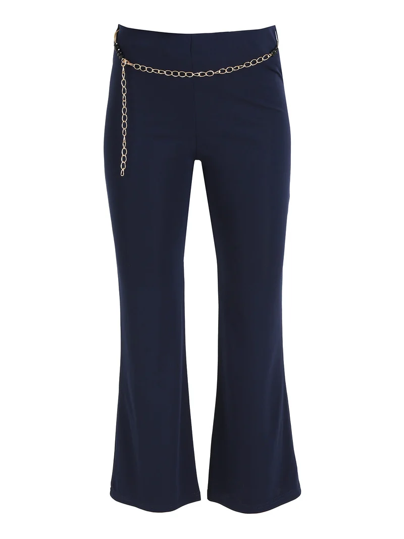 Pantaloni eleganti da donna con cintura a catena - blu scuro