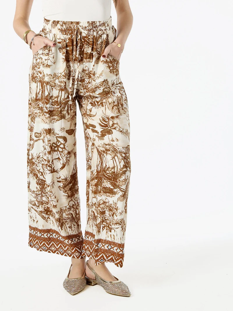Pantaloni donna a gamba larga con stampe - marrone