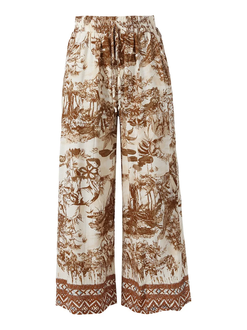 Pantaloni donna a gamba larga con stampe - marrone