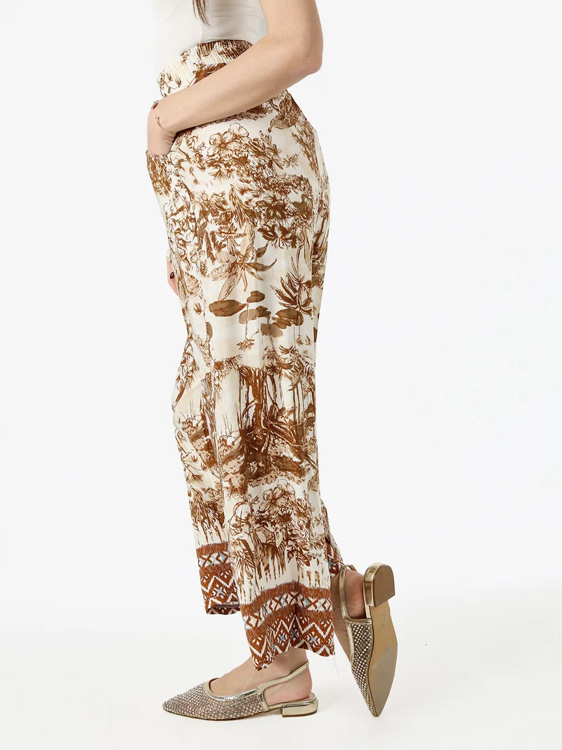 Pantaloni donna a gamba larga con stampe - marrone