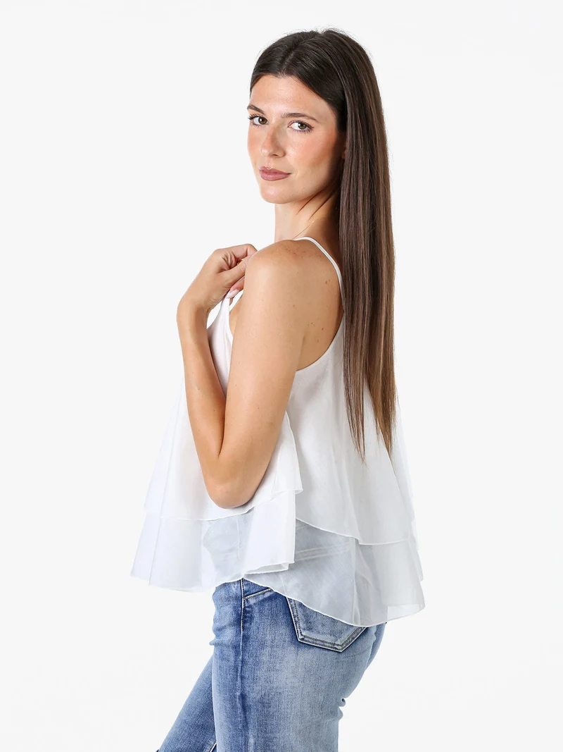 Top donna leggero con spalline strette e balza - bianco
