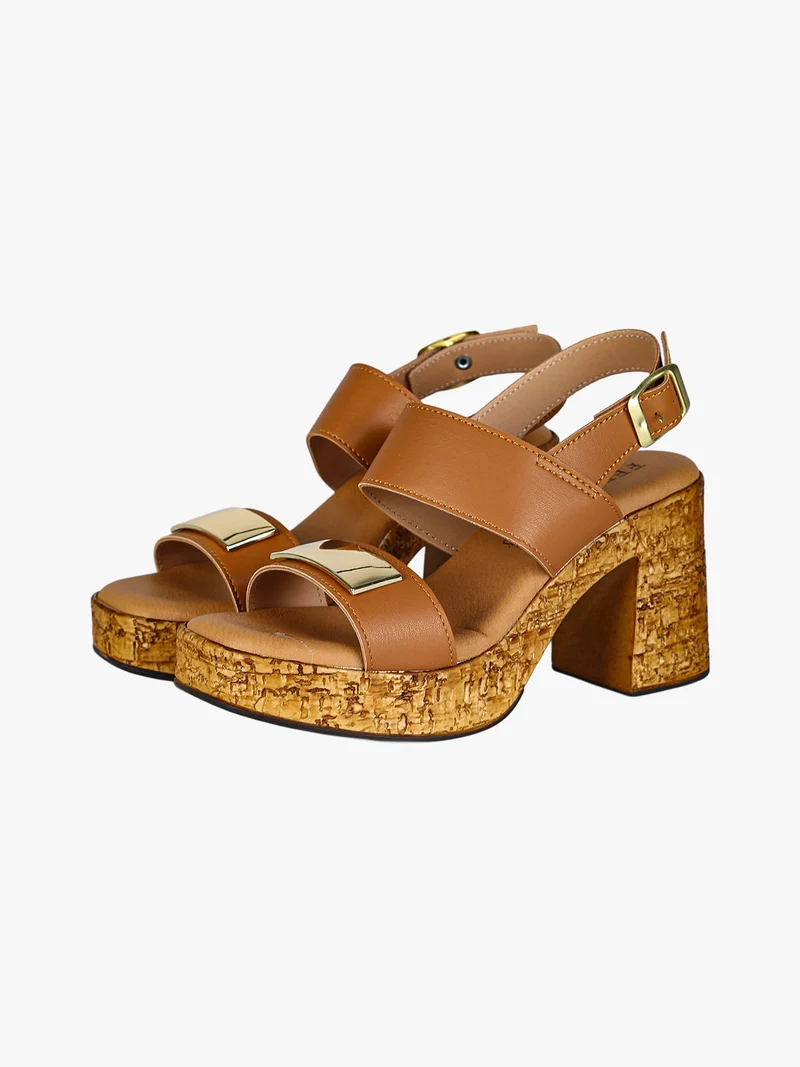 Sandali donna con tacco largo e plateau - cuoio