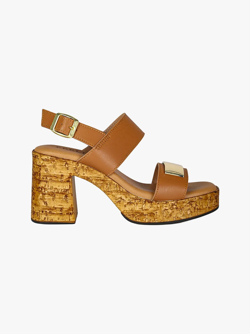 Sandali donna con tacco largo e plateau - cuoio
